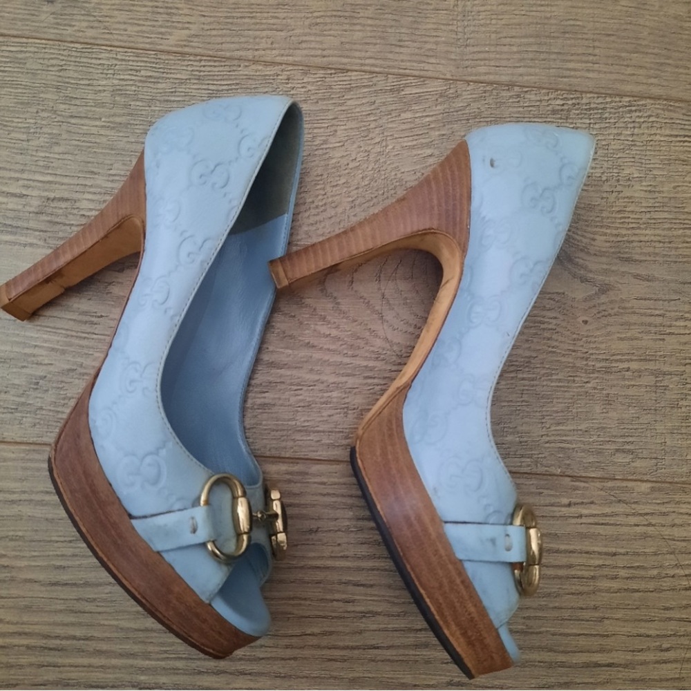 Gucci Sky Blue Platform Heels with Gold Accents